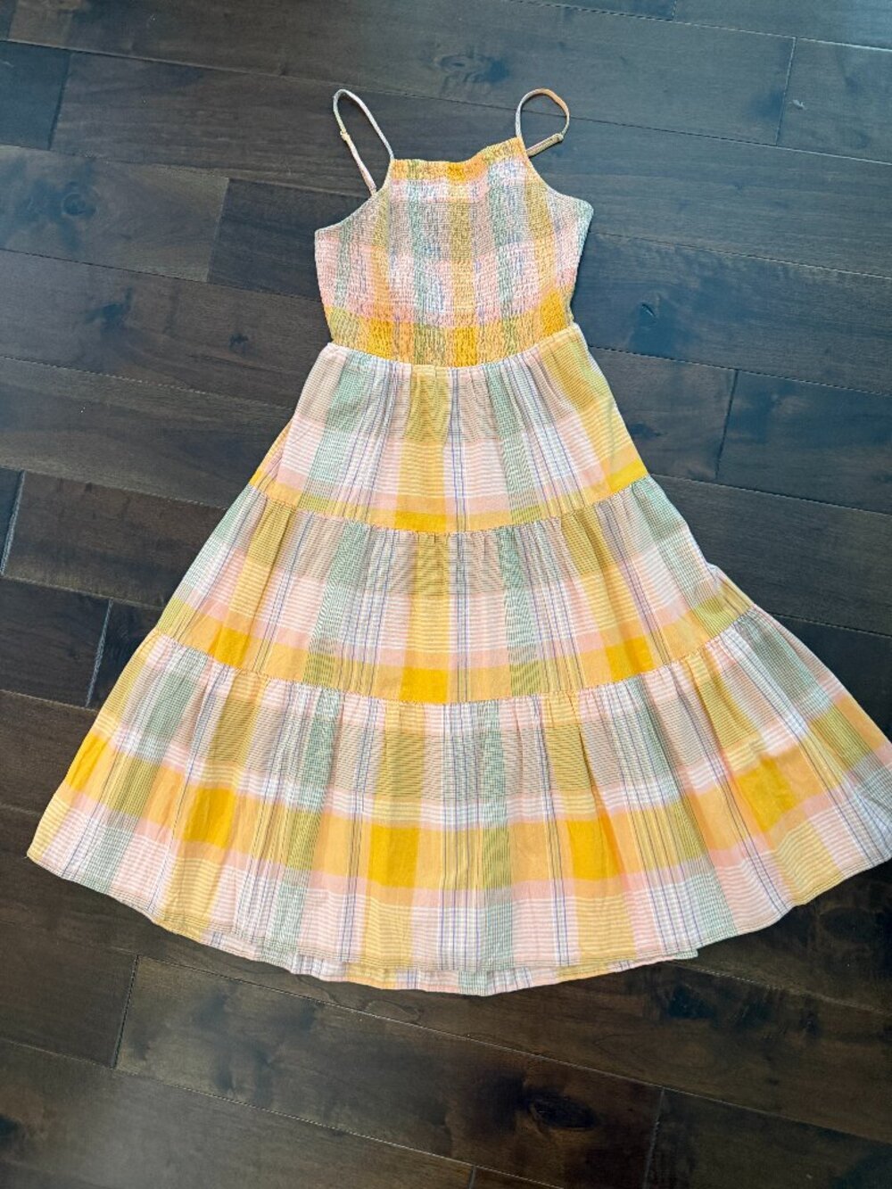 Universal Thread Ruched Plaid Sundress Dress Yellow Orange Pink Size Medium